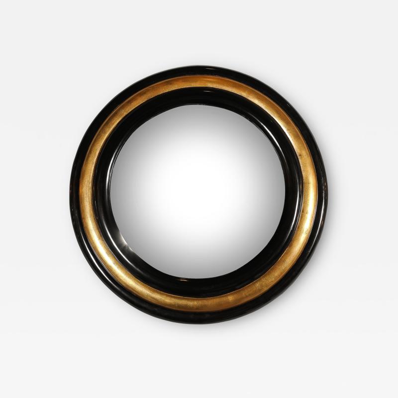 Karl Springer Mid Century Modernist Gilt Black Lacquered Convex Mirror by Karl Springer