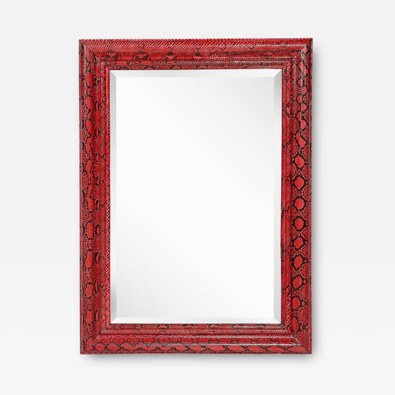 Karl Springer Mid Century Molding Mirror in Red Black Python Leather by Karl Springer