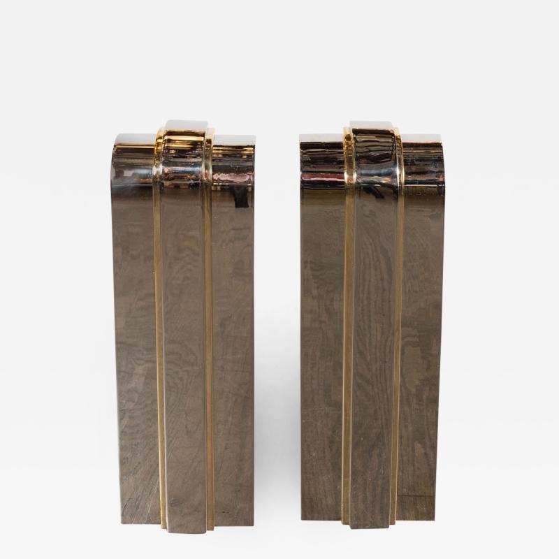 Karl Springer Modernist Art Deco Inspired Nickel and Brass Andirons Manner of Karl Springer