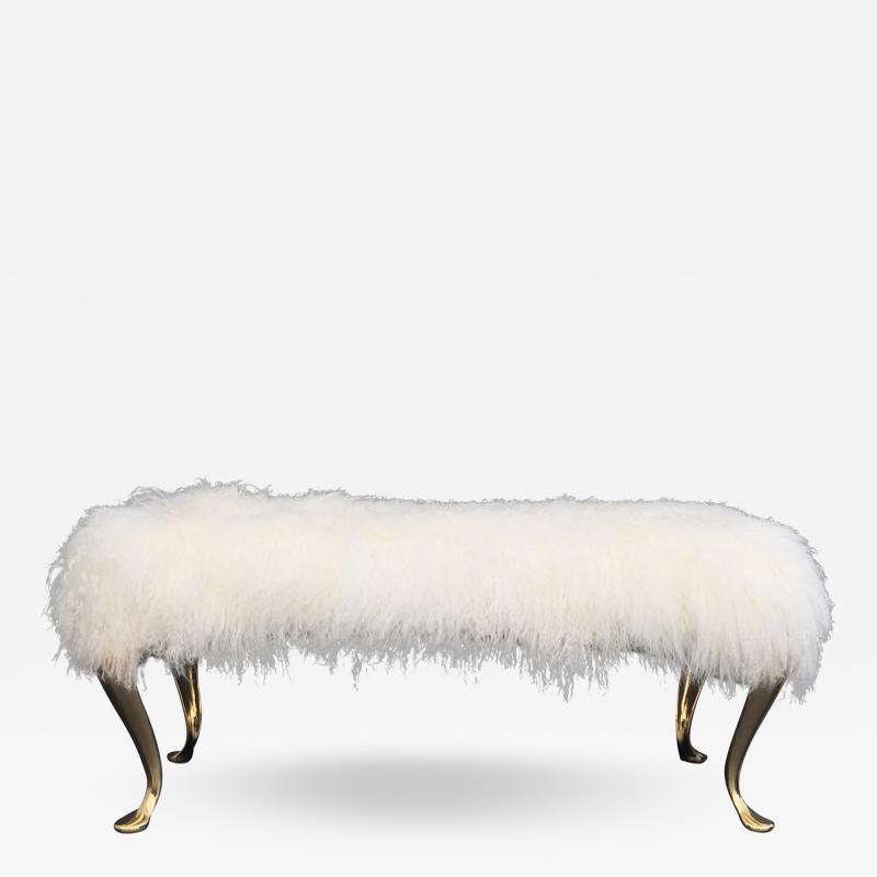 Karl Springer Mongolian Fur Vanity Bench with Cabriolet Brass Legs