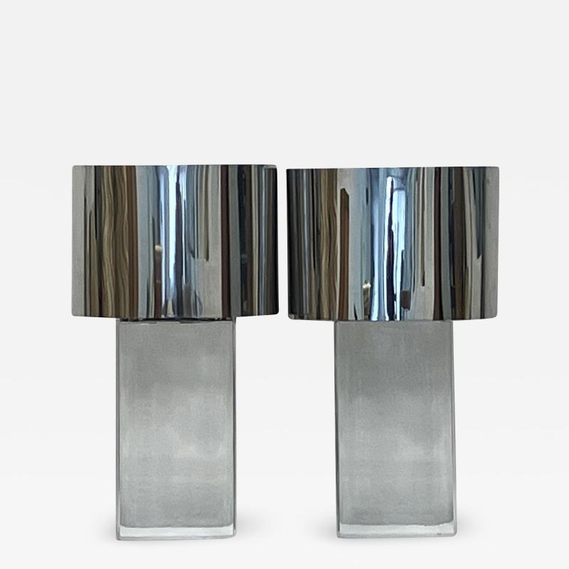 Karl Springer Pair Karl Springer Lucite Table Lamps with Original Polished Steel Shades