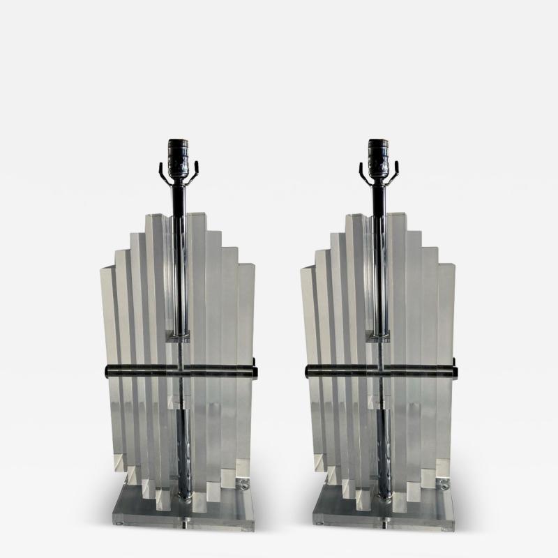 Karl Springer Pair of American Modern Stacked Lucite Lamps Karl Springer