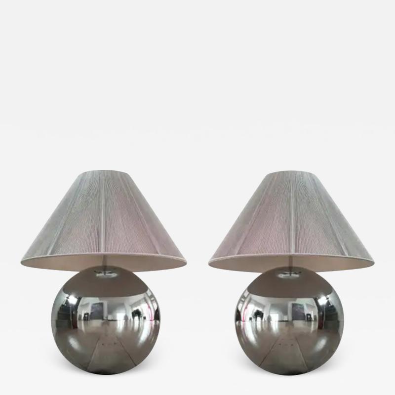 Karl Springer Pair of Karl Springer Chrome and Original Purple String Shade Ball Lamps 1980s