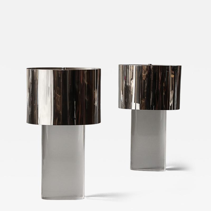 Karl Springer Pair of Lucite Lamps with Chrome Shades