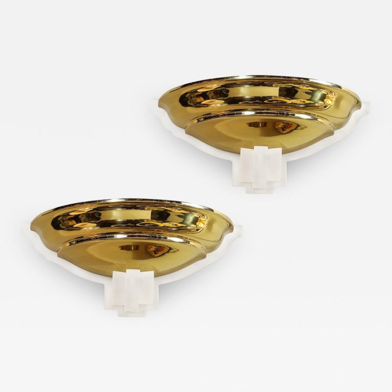 Karl Springer Pair of Mid Century Brass Lucite Spun Shaped Wall Sconces by Karl Springer