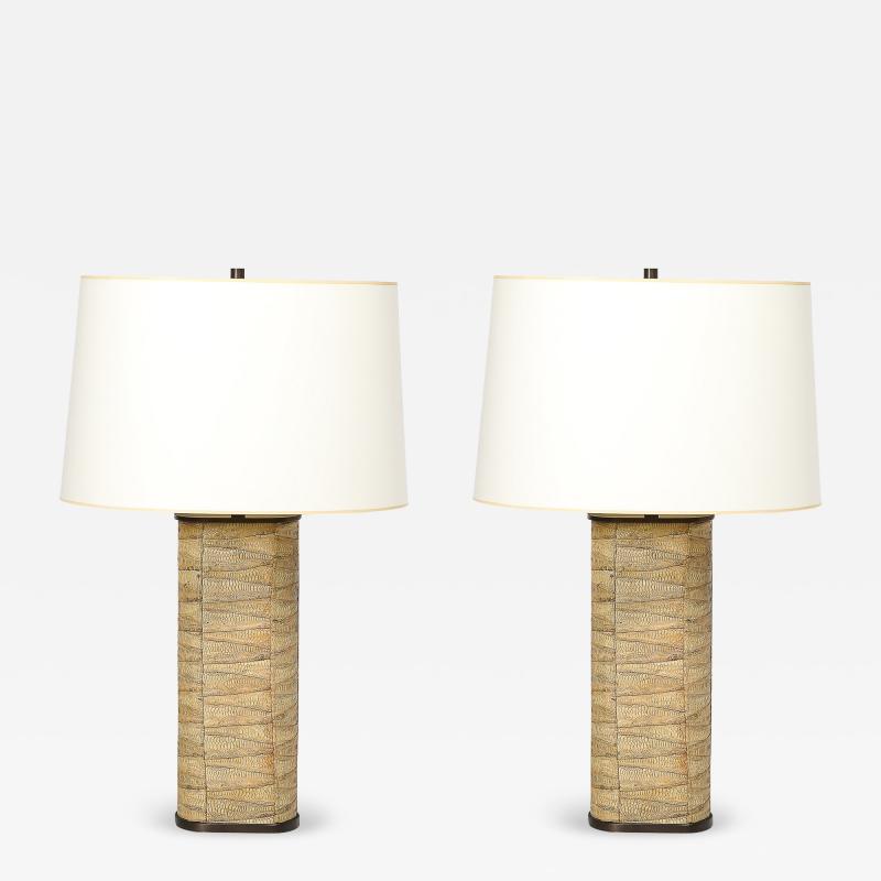 Karl Springer Pair of Mid Century Tessellated Lizard Bronze Table Lamps by Karl Springer