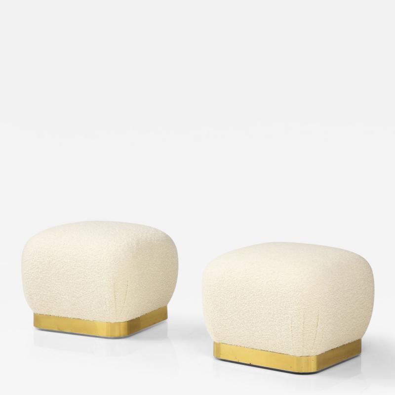Karl Springer Pair of Souffle Ottomans in Ivory Boucl and Brass by Karl Springer