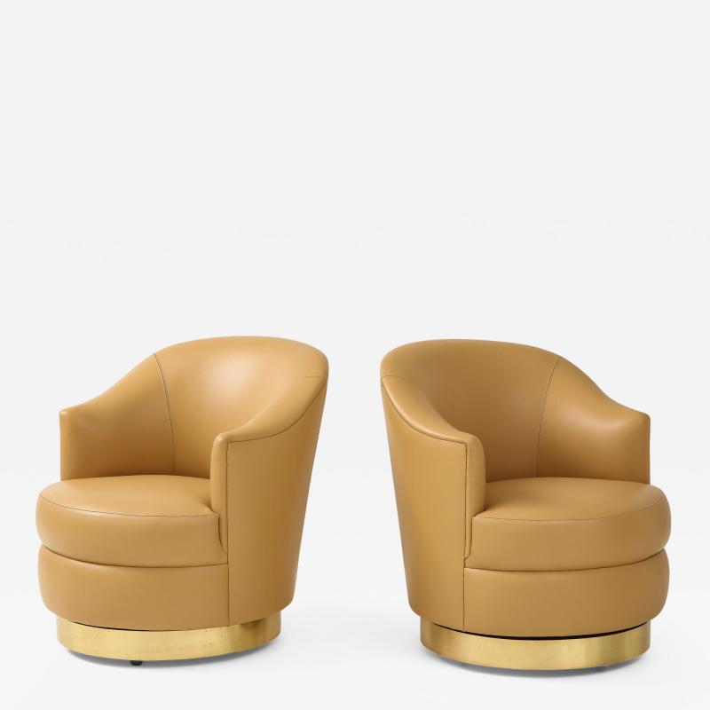 Karl Springer Pair of Swivel Chairs in Camel Leather and Brass