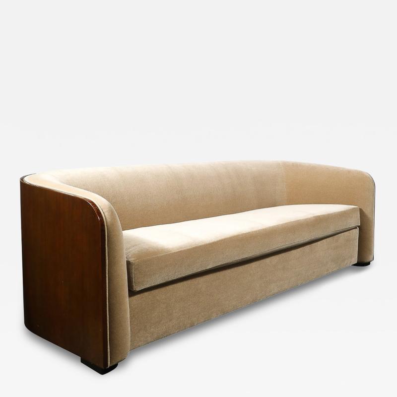 Karl Springer Rare Mid Century Curved Back Sofa in Book Matched Walnut signed Karl Springer