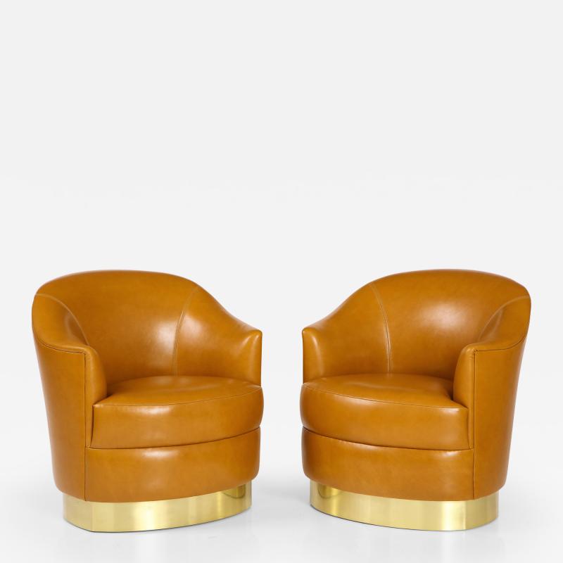 Karl Springer Rare Pair of Lounge Chairs in Camel or Saddle Leather and Brass by Karl Springer