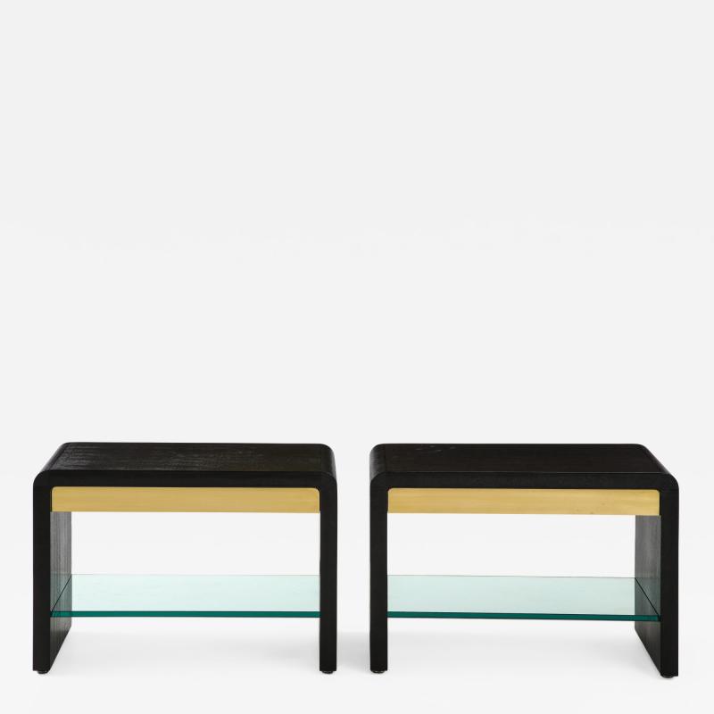 Karl Springer Rare Pair of Waterfall Side Tables in Black Lizard Leather Brass and Glass