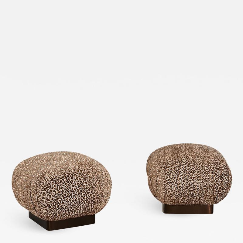 Karl Springer Souffl Pair Pouf Ottomans Bronze Base