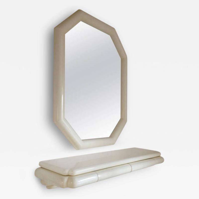 Karl Springer Style Lacquered Large Mirror with Wall Shelf 1990