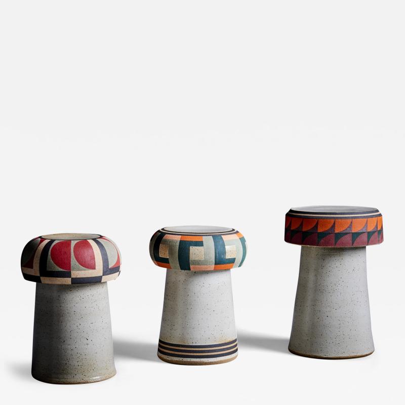 Kat and Roger Set of 3 hand painted Studio ceramic stools USA 2024