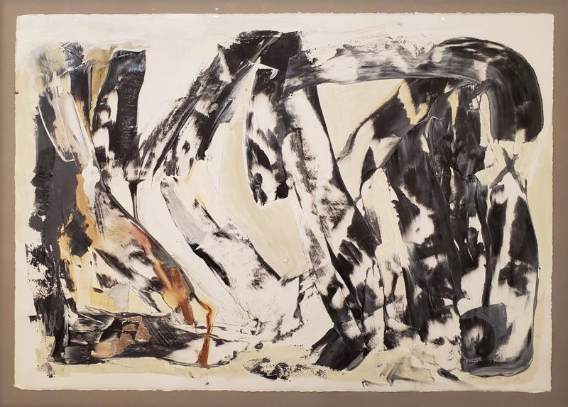 Kathi Robinson Frank Release Black White Abstract Oil Painting on Paper By Kathi Robinson Frank