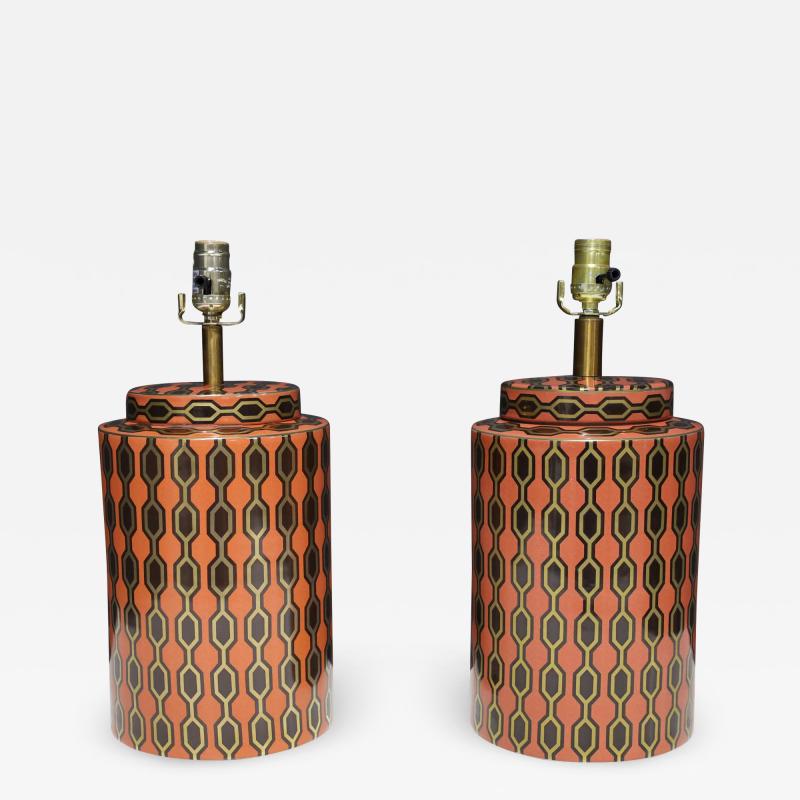 Kelly Hoppen Kelly Hoppen Porcelain Tea Jar Lamps in Orange Gold and Brown Geometric Pattern