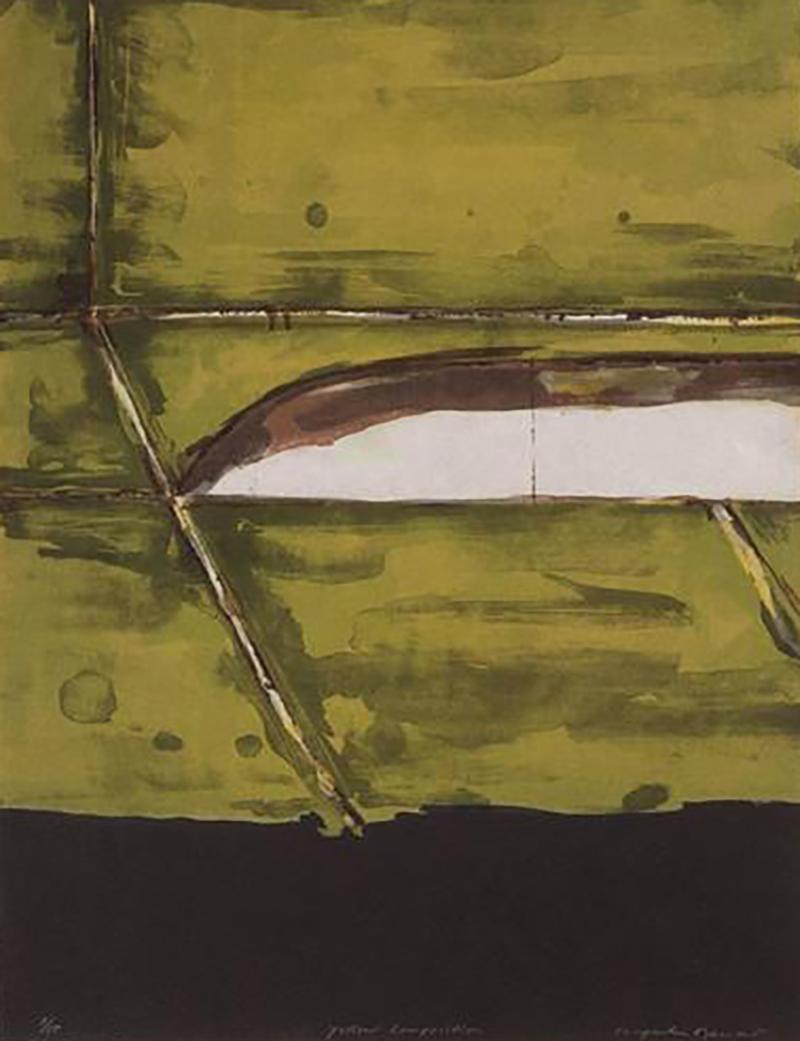 Kenjilo Nanao Mid Century Abstract Expressionist Monoprint Yellow Composition by Kenjilo Nanao