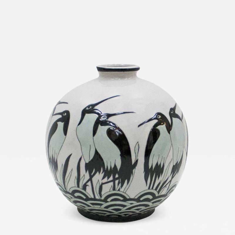Keralouve Ovoid Shape Porcelain Belgian Signed Vase In Art Deco Style