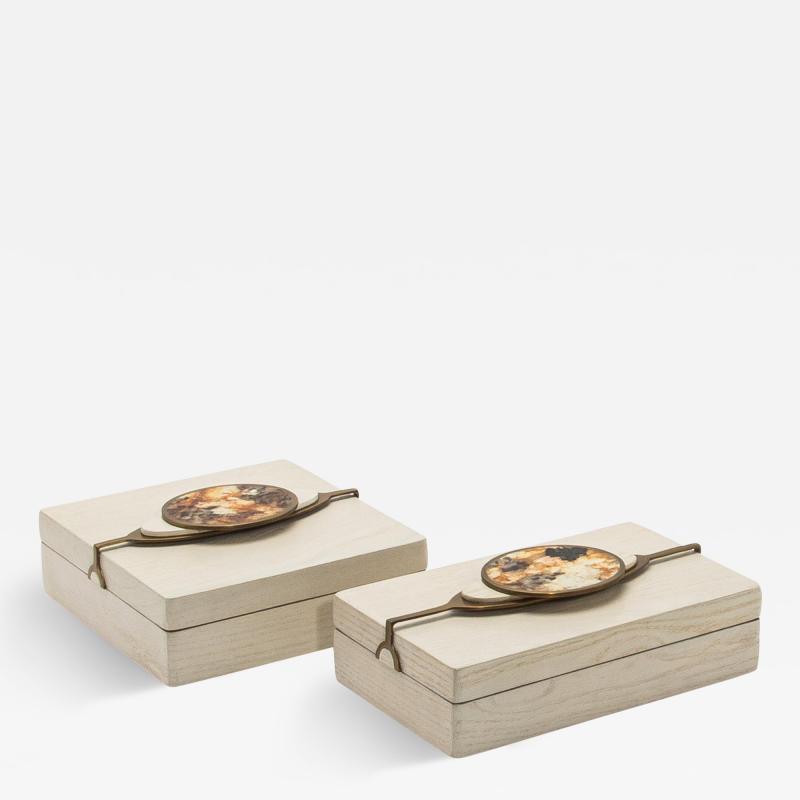 Kifu Augousti Set of 2 Boxes in Oak with Semi Precious Stone and Brass by Kifu Paris