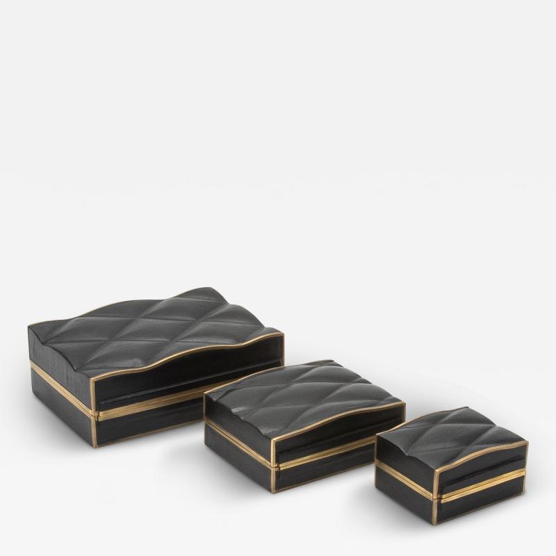 Kifu Augousti Set of 3 Quilted Boxes in Black Oak with Bronze Patina Brass by Kifu Paris