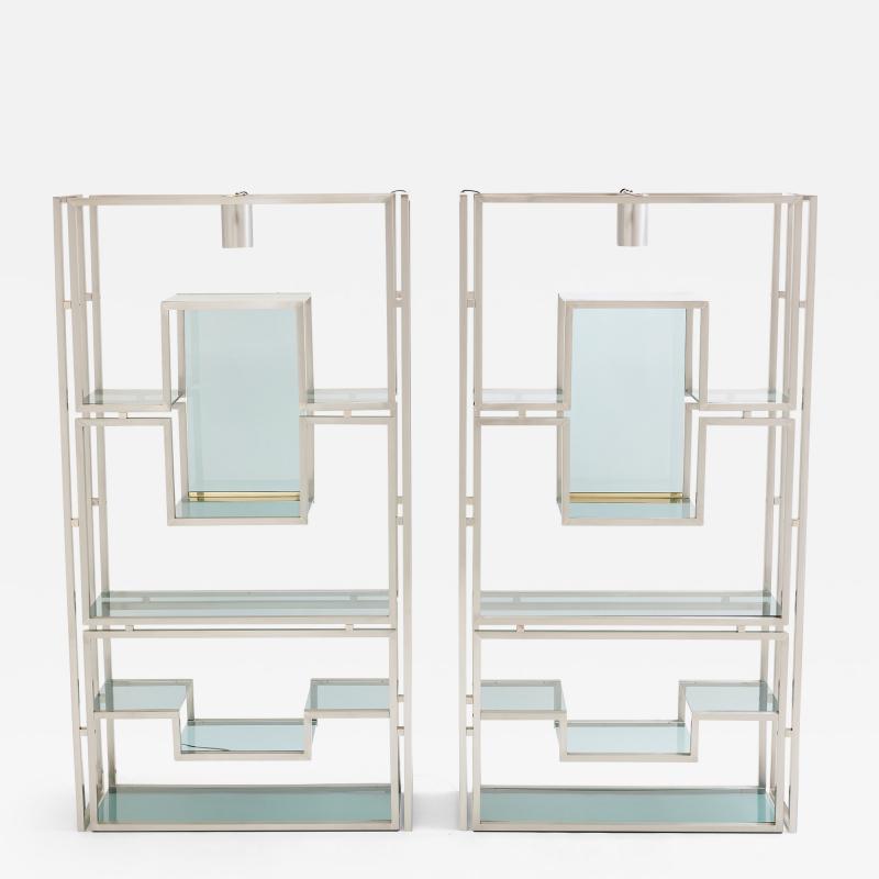 Kim Moltzer Pair of Kim Moltzer brushed steel brass green lucite shelving units 1970s