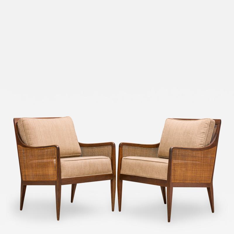 Kipp Stewart Kipp Stewart for Directional Walnut Cane and Beige Upholstered Lounge Chairs