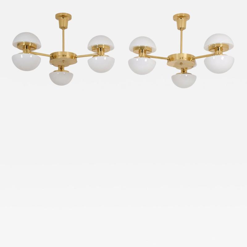 Klaus Michalik Pair of Nordic Modern Chandeliers Brass Glass Klaus Michalik Orno 1980s