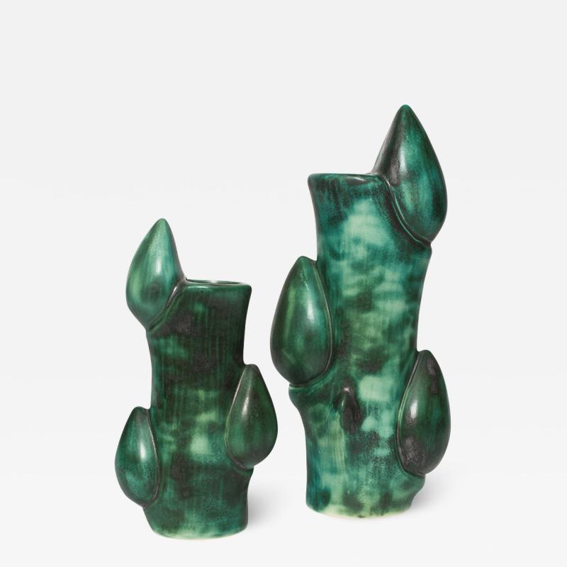 Knud Basse DANISH APPLE BRANCH VASES MOTTLED GREEN GLAZE BY KNUD BASSE