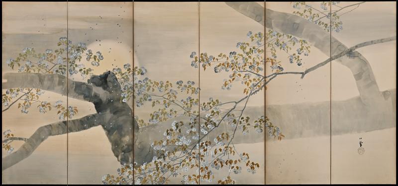 Kobayashi Shosen Circa 1900 Japanese Screen Cherry Blossoms in Moonlight Meiji period 