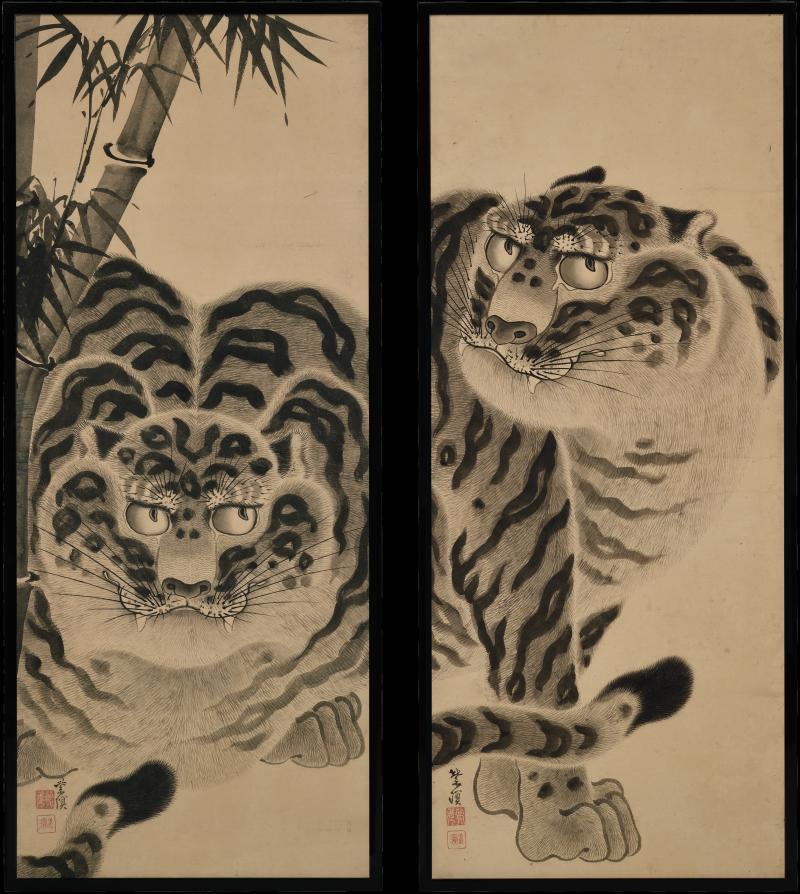 Kokuho Shimei 19th Century Japanese Tiger Painting Pair by Kokuho Shimei 1789 1859 