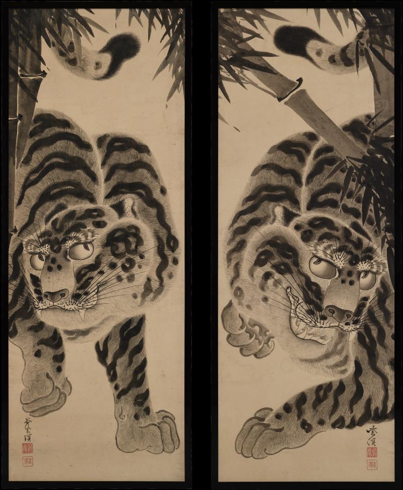 Kokuho Shimei 19th Century Japanese Tiger Painting Pair by Kokuho Shimei 1789 1859 