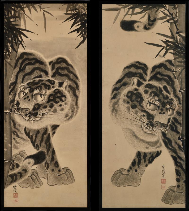 Kokuho Shimei 19th Century Japanese Tiger Painting Pair by Kokuho Shimei 1789 1859 