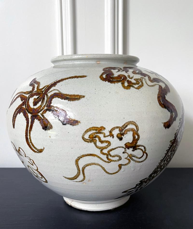 Korean Ceramic Moon Jar with Dragon Joseon Dynasty