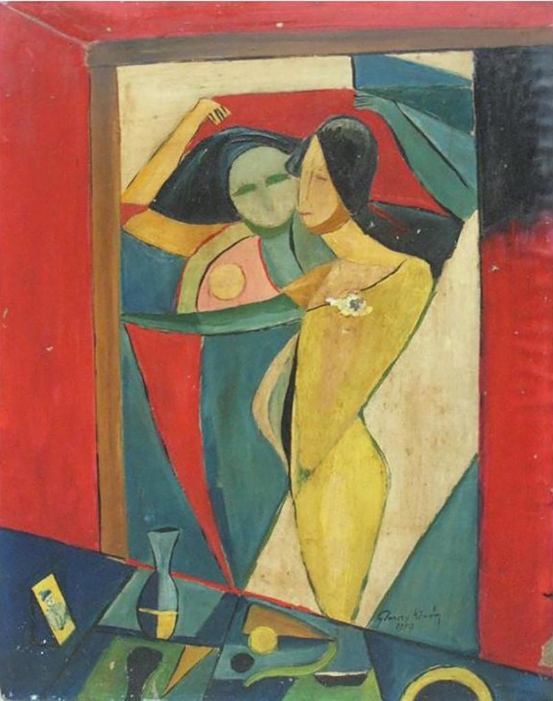 Koroly Glonczy European Midcentury Cubist Painting Nude by Koroly Glonczy Hungary 1957