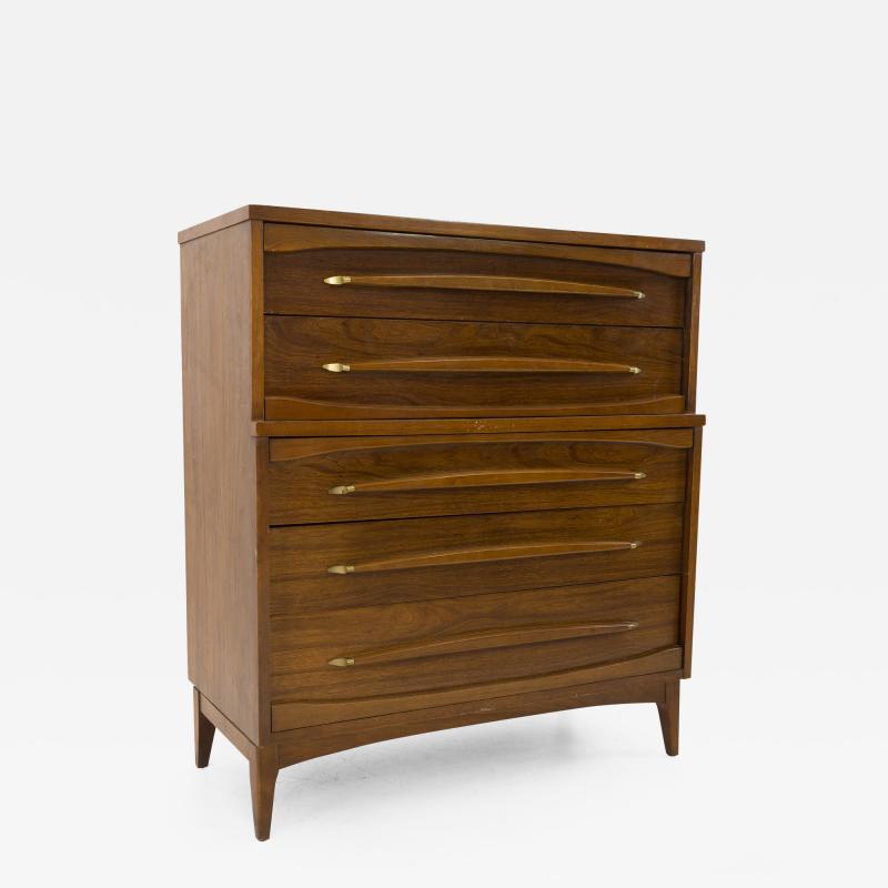 Kroehler Walnut and Brass Mid Century 5 Drawer Highboy Dresser