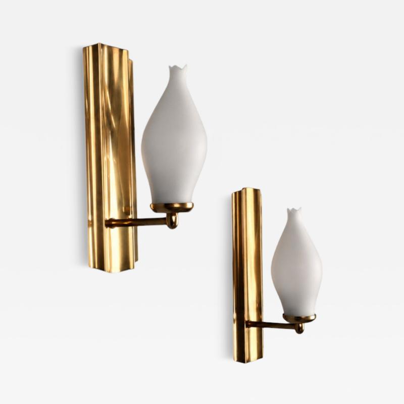 Kurant Norwegian Modern Wall Lights Brass Opaline Glass Norway 1960s