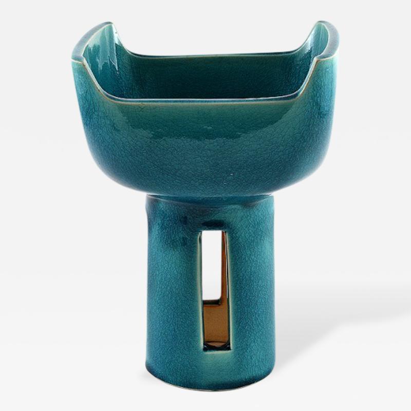 Kyoto Pottery Vase Aqua Cracker Glaze Mid Century Japan Signed by the Artist