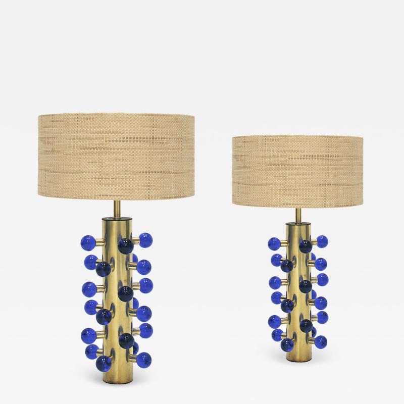 L A Studio Contemporary Modern Murano Glass and Brass Pair of Table Lamps