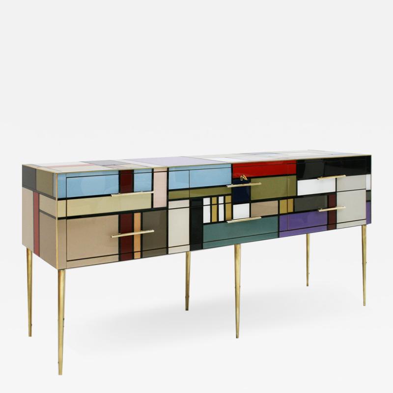 L A Studio L A Studio Six Drawers Murano Colored Glass Brass Italian Sideboard