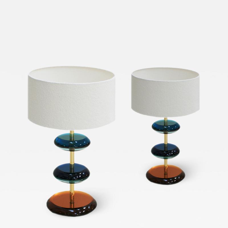 L A Studio Mid Century Modern Style Murano Glass and Brass Pair of Italian Table Lamps