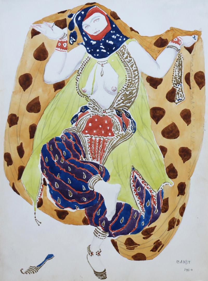 L on Bakst Watercolor of a Semi Nude Dancer for Scheherazade ballet by Bakst France 1910