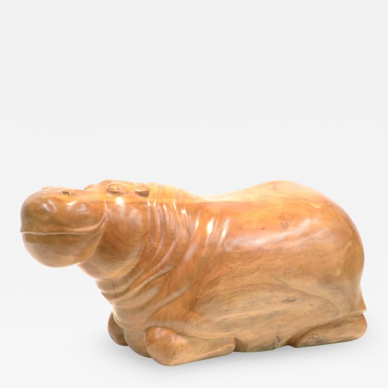 LARGE HAND CARVED WOOD HIPPO SCULPTURE