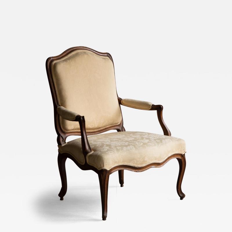 LARGE MID 18TH CENTURY LOUIS XV FAUTEUIL OR OPEN ARM CHAIR