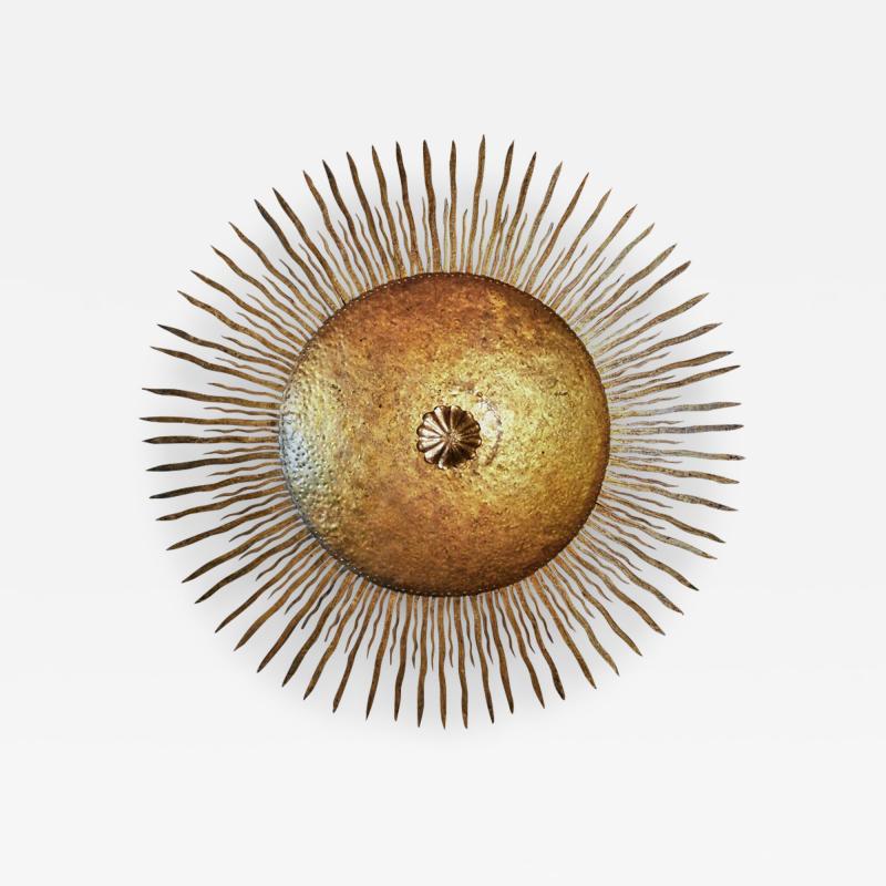 LARGE MID 20TH CENTURY SPANISH GILT IRON SUNBURST WALL OR CEILING LIGHT