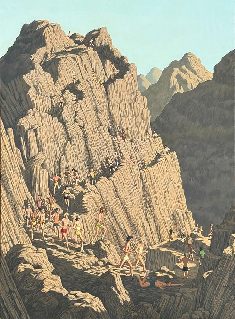 LARGE MODERN COLORFUL RUNNERS ON ROCK MOUNTAIN PAINTING BY DON GRANT