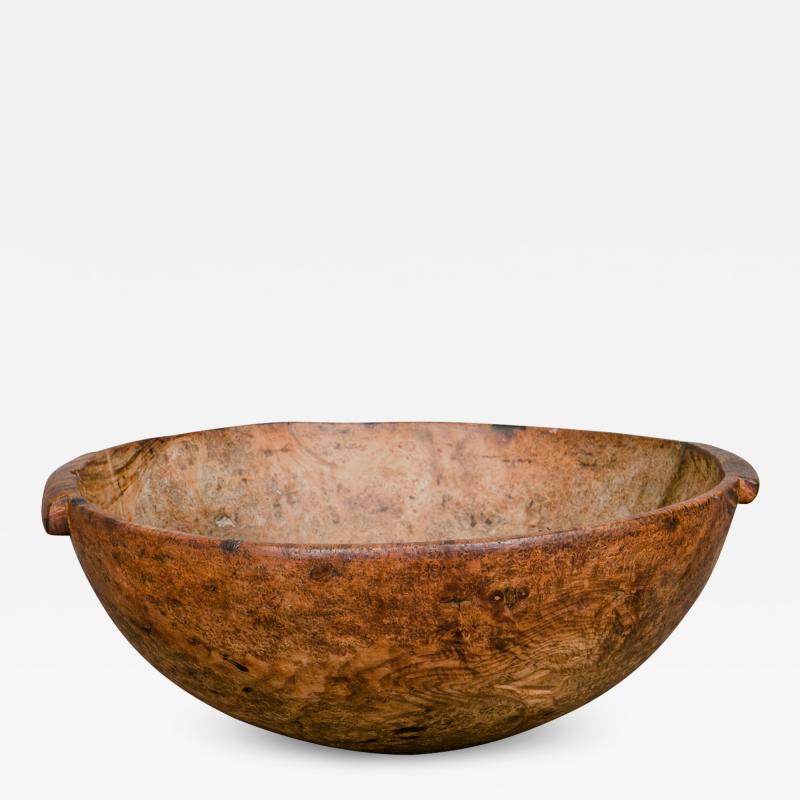 LARGE ROUND BURL BOWL WITH LUG HANDLES