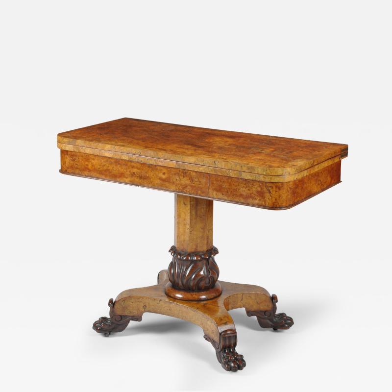 LATE REGENCY PERIOD BURR ELM AND OAK CROSS BANDED CARD TABLE
