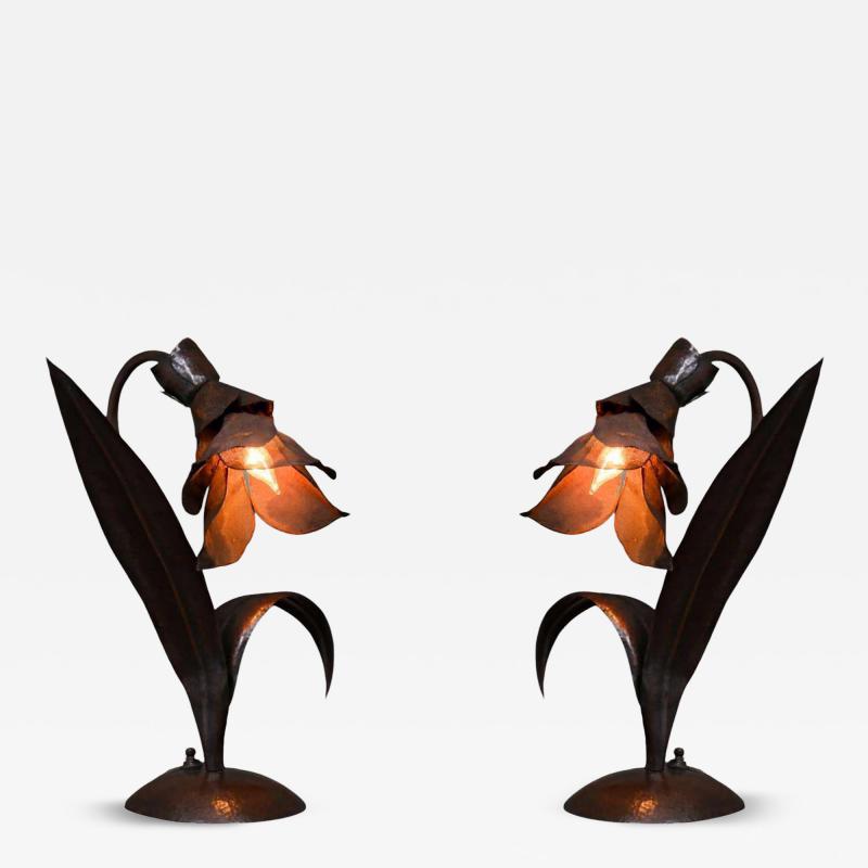 LILLIAN PALMER RARE ARTS CRAFTS PAIR HANDFORGED COPPER FLOWER LAMPS BY LILLIAN PALMER
