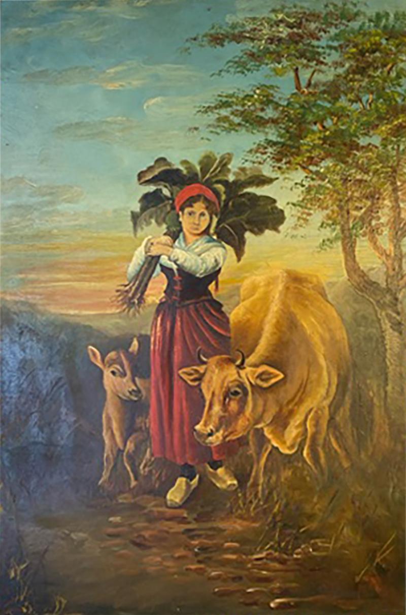 LUMINOUS 1900S FARM WOMAN WITH COWS OIL PAINTING