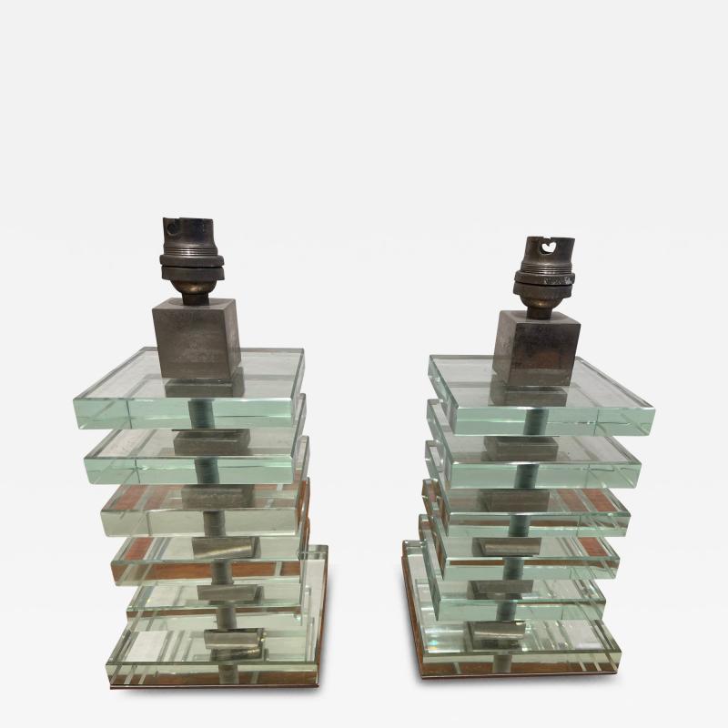 La Maison Desny Pair of modernist glass and nickel table lamps by Desny Art Deco France